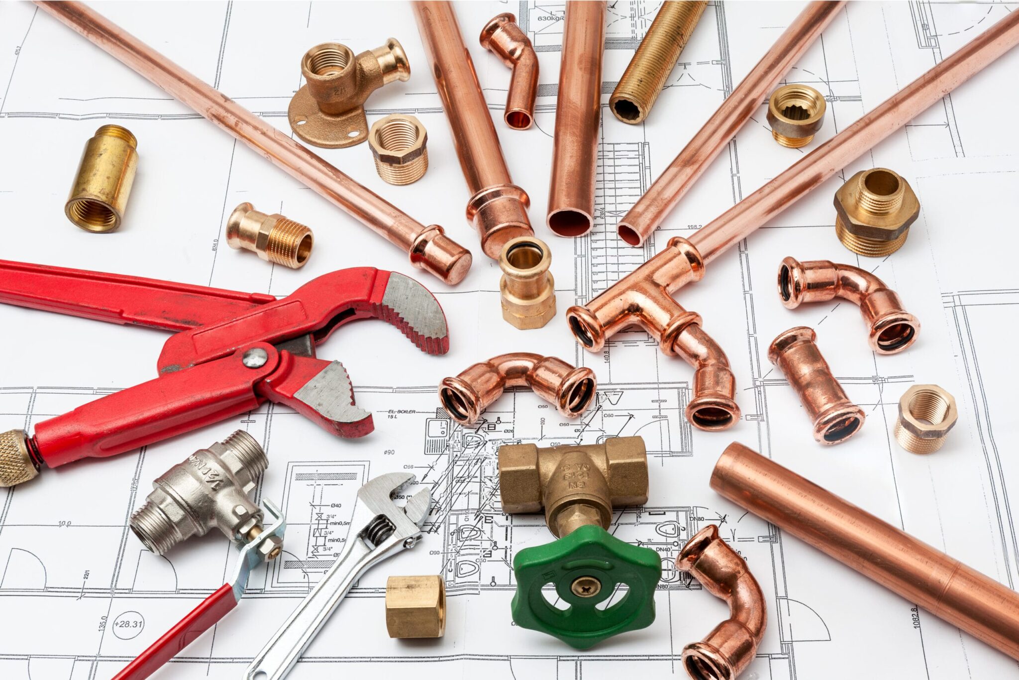 Copper pipes, fittings, valves, and plumbing tools in Calhoun