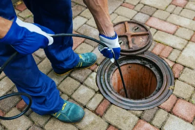 Plumber cleaning an outdoor sewer drain in Calhoun