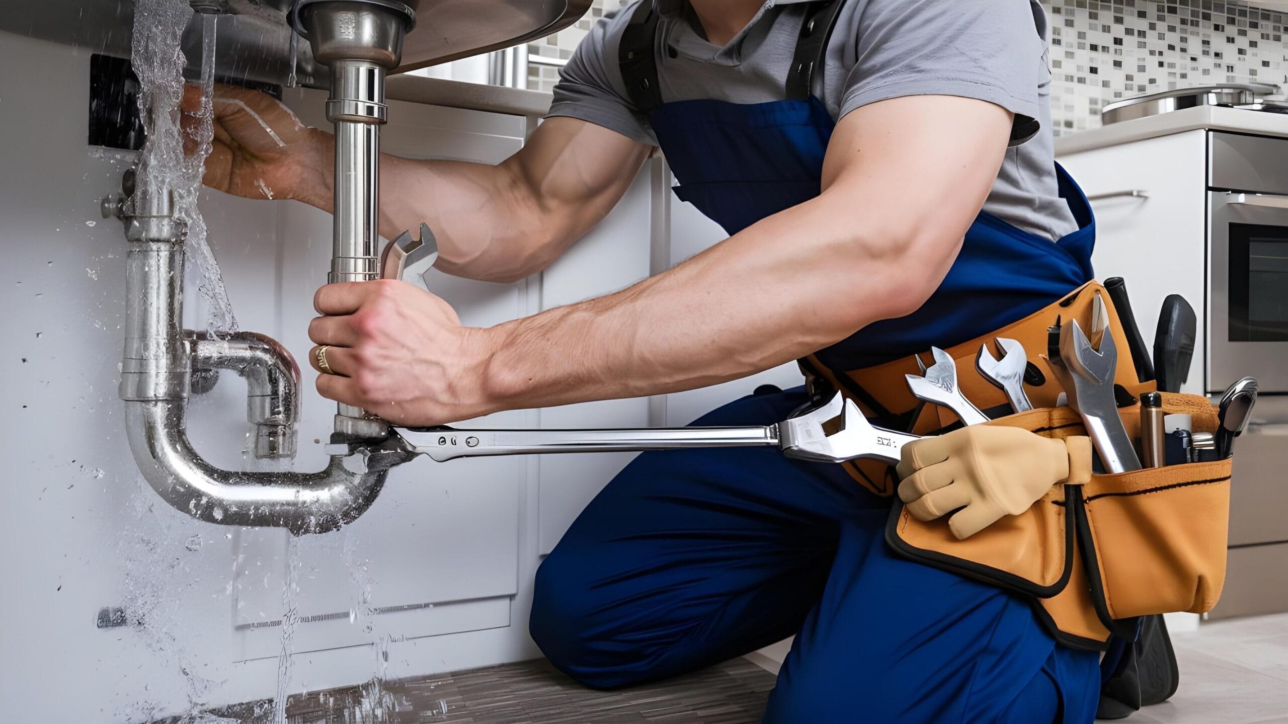 Plumber tightening a residential plumbing pipe in Calhoun
