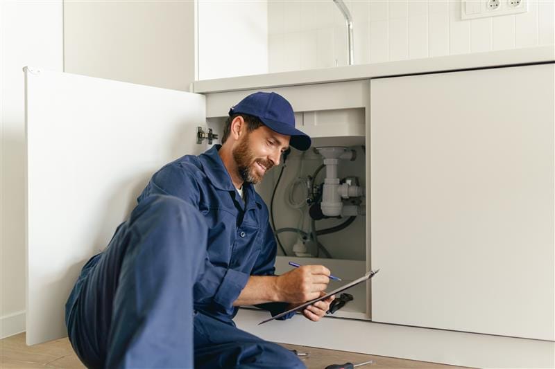 Residential plumber reviewing plumbing repairs in a Calhoun kitchen