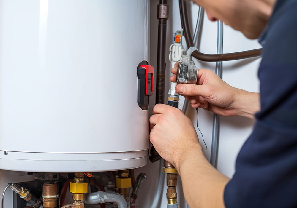 Technician repairing pipes connected to a water heater in Calhoun